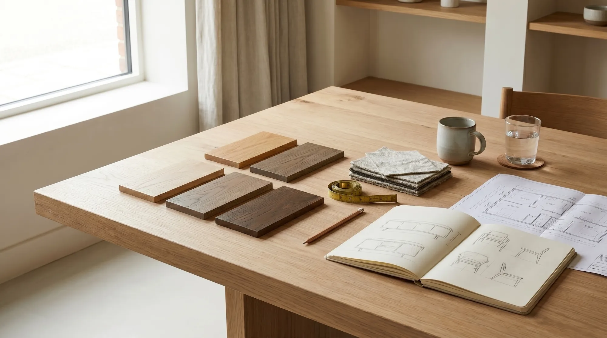 Oak samples, pencil sketches, measuring tools, and finish swatches arranged on a calm studio consultation table